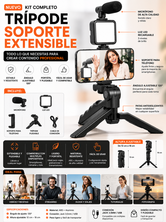 Kit Trípode Extensible con Micrófono y Luz LED
